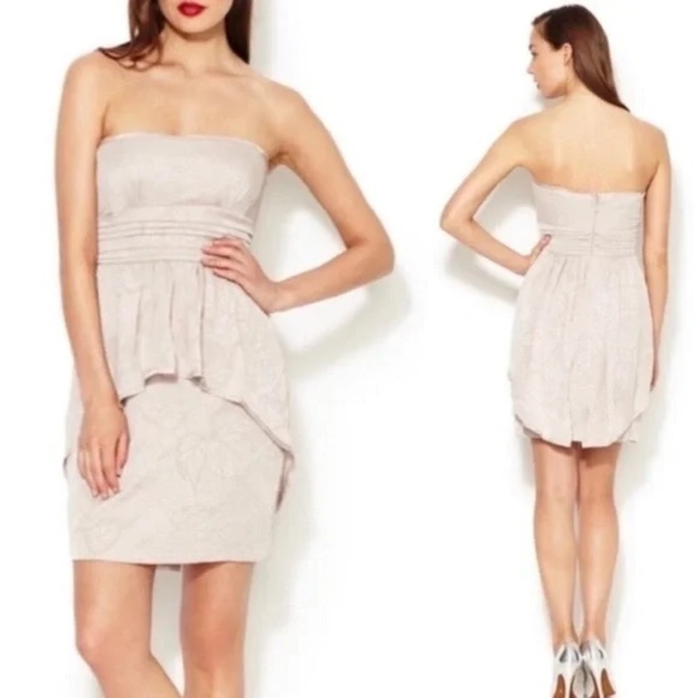 BCBGMaxAzria Y2K Karla Floral Jacquard Cream Satin Mini Strapless Peplum Dress 0